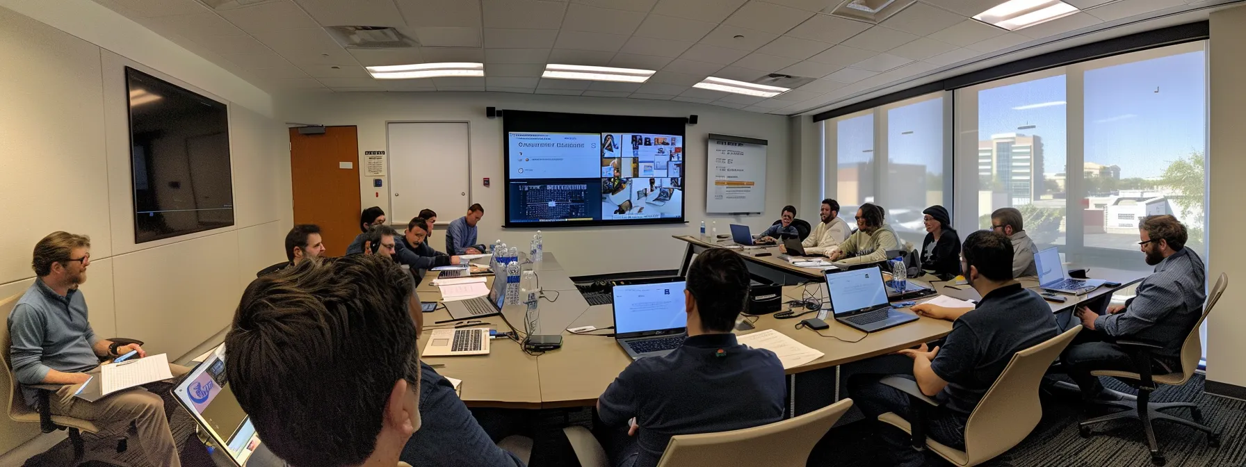 a group of professionals gathered around a conference table, discussing a detailed outsourcing plan with laptops and paperwork scattered around.