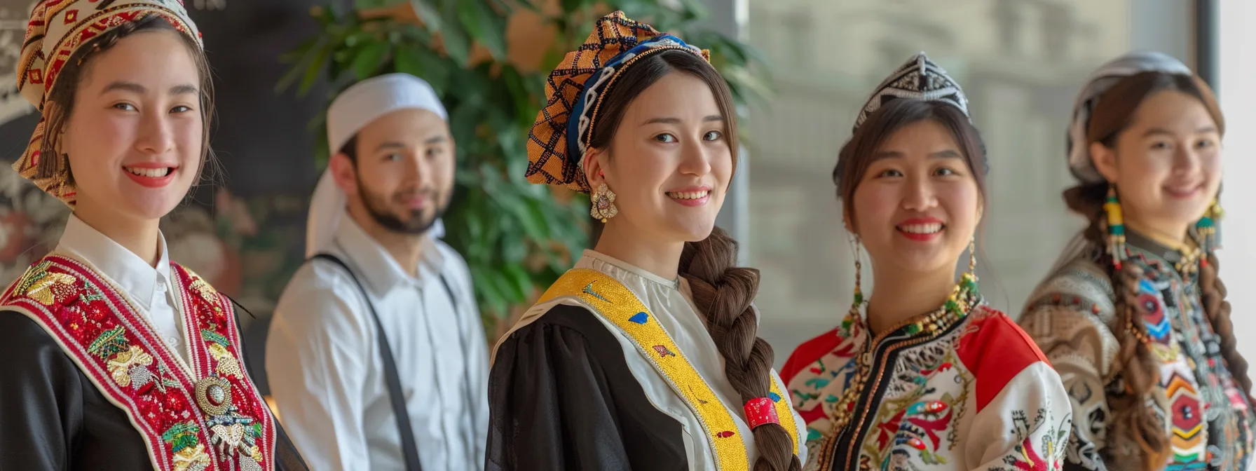 a diverse team of call center agents, speaking different languages and wearing traditional attire, working together in a modern office setting.