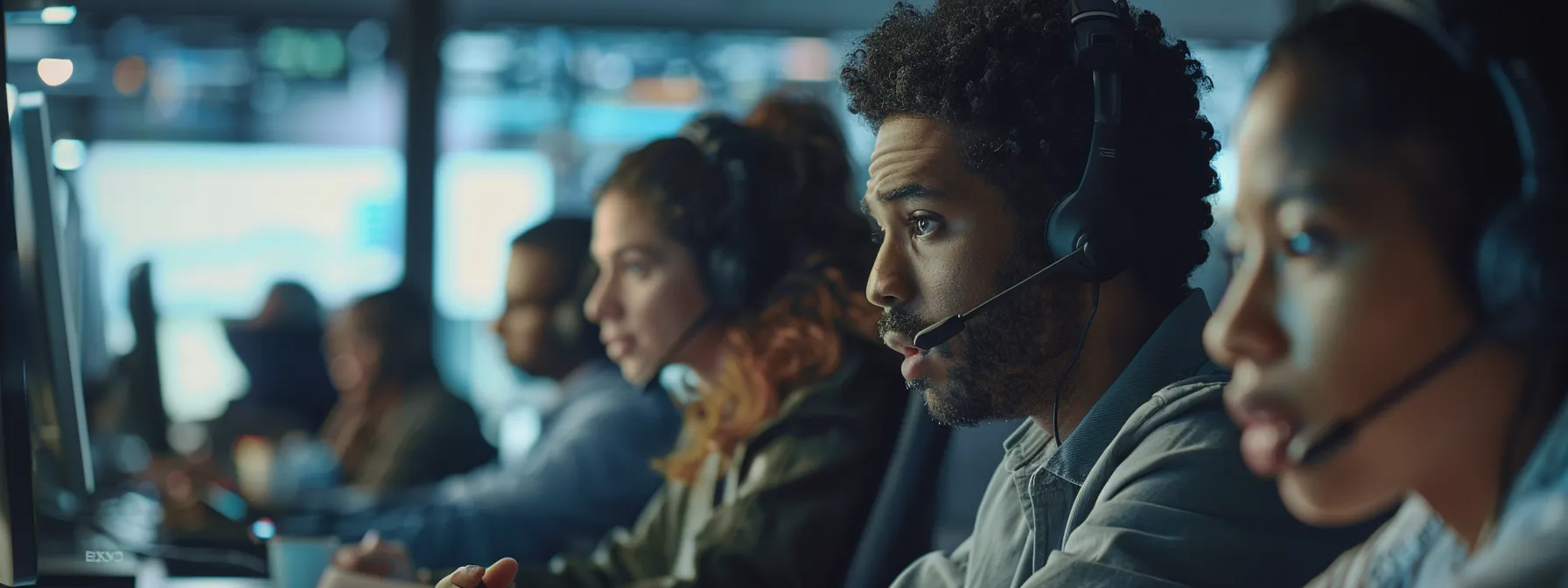 a diverse team of call center agents in a modern office setting, engaged in a focused discussion with quality assurance tools visible on their desks.