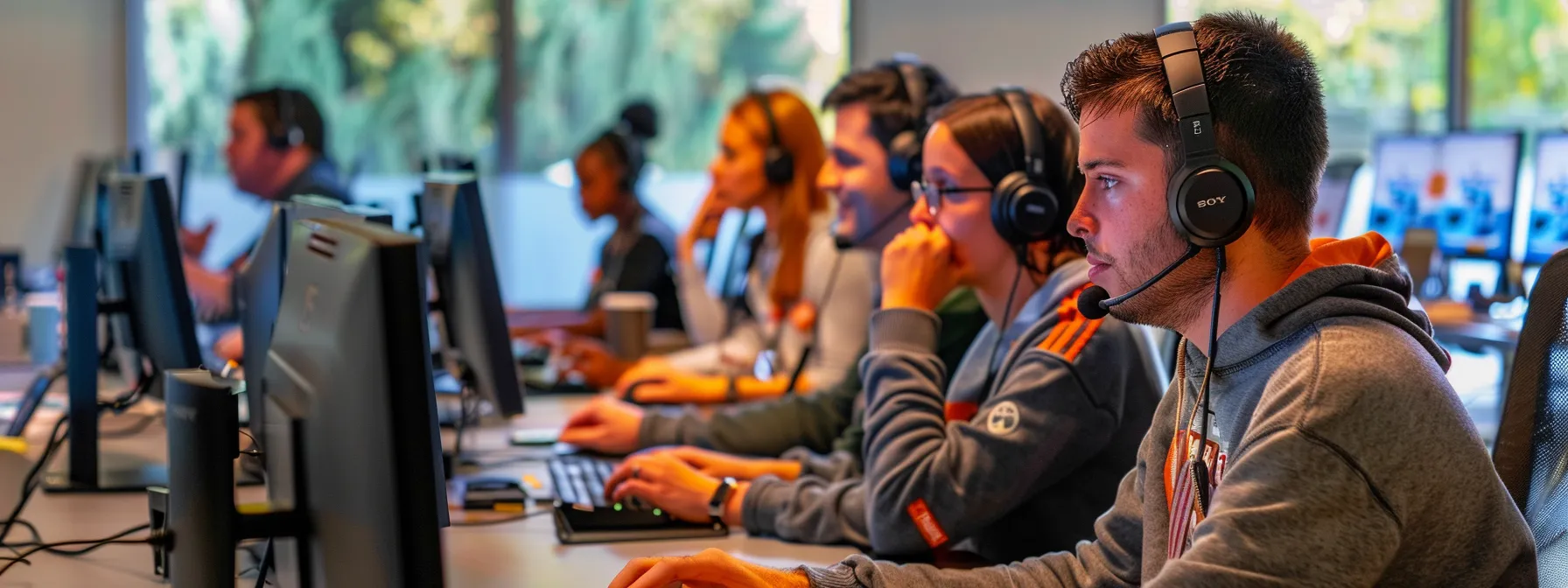 a team of call center agents engaged in a dynamic training session, surrounded by modern technology and supportive colleagues.