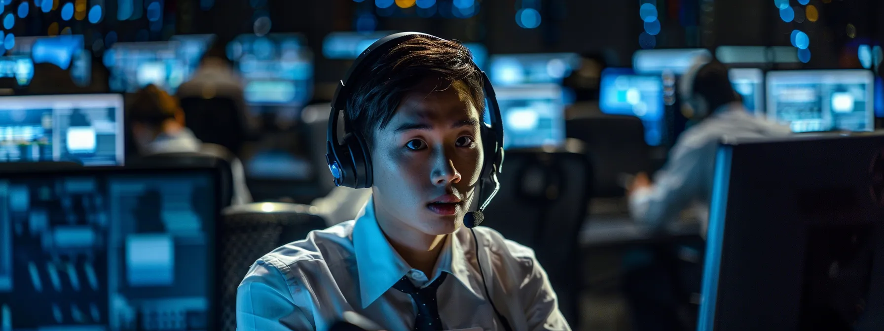 an employee surrounded by a high-tech call center setup, efficiently handling customer inquiries with a focused and professional demeanor.