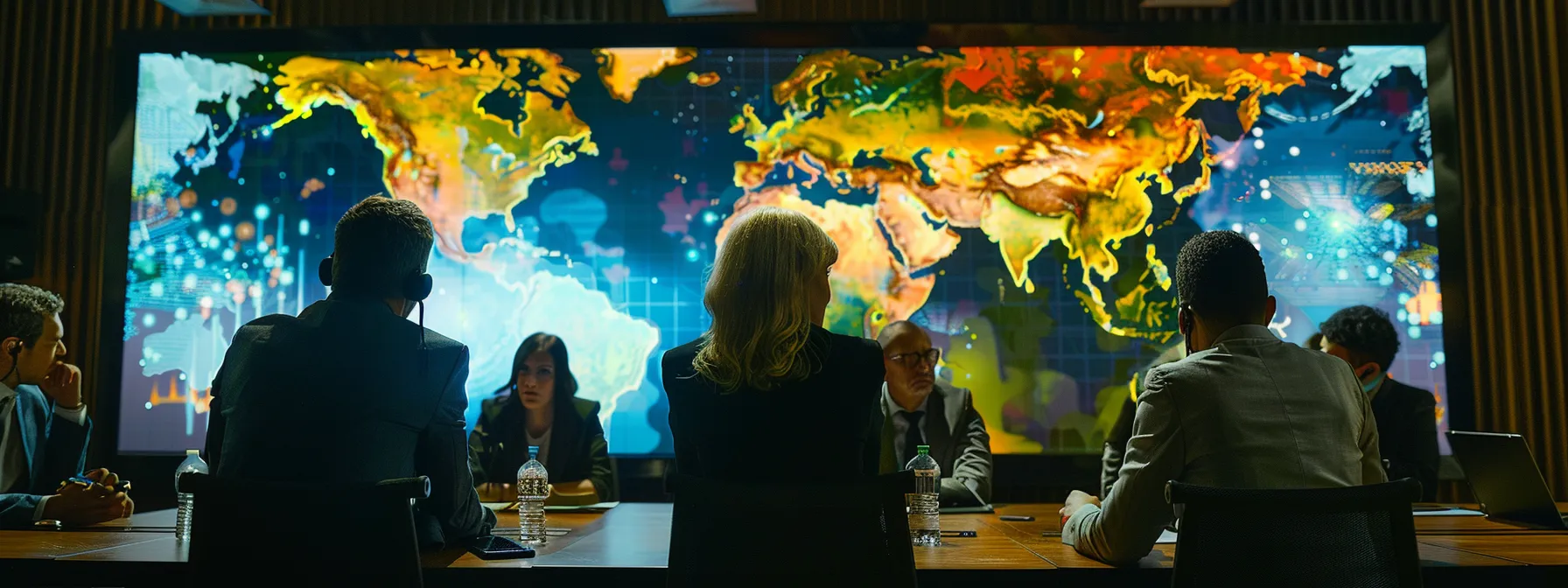 a group of diverse professionals engaged in a conference call, discussing business strategies and market expansion opportunities with a global map in the background.