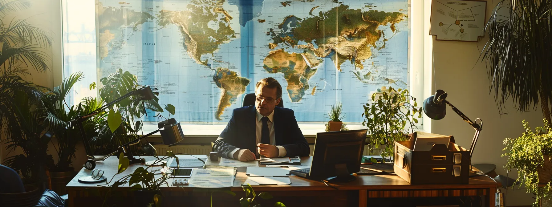 a telemarketer seated at a desk with a world map and legal documents, symbolizing the importance of legal and ethical considerations in offshore telemarketing.