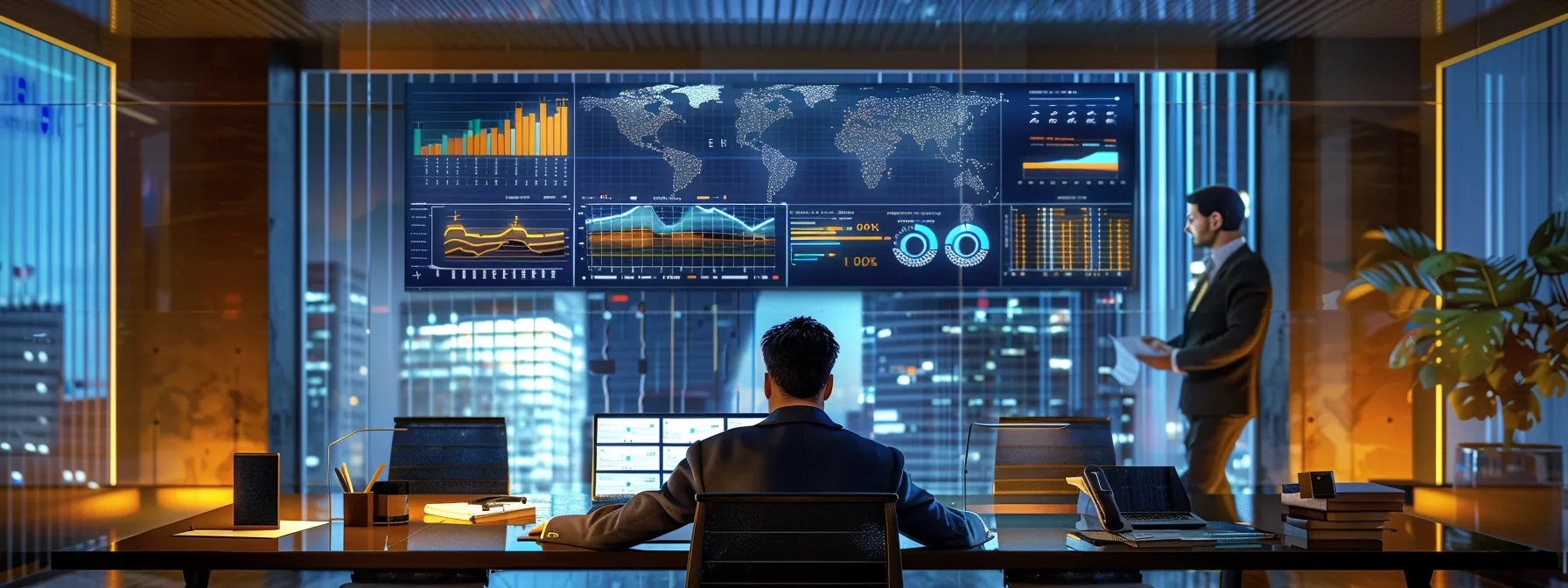 a business team studying charts and graphs, analyzing data and discussing outsourcing strategies in a modern boardroom setting.