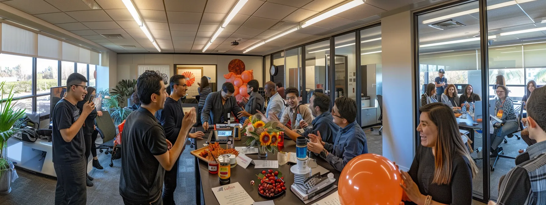 a bustling office with a diverse team celebrating around a conference table after surpassing their sales targets with the help of dazonn assist.