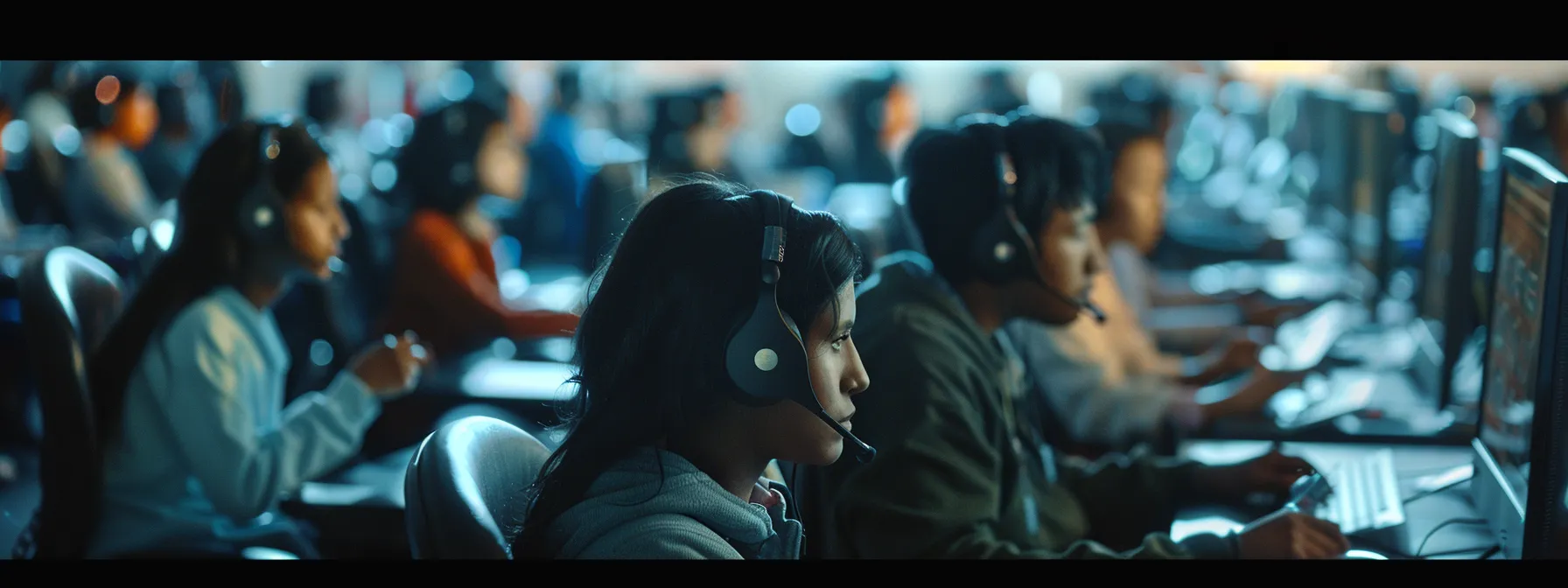 a busy call center team working tirelessly to manage in-house chat support, navigating through a sea of computer screens displaying complex software interfaces.