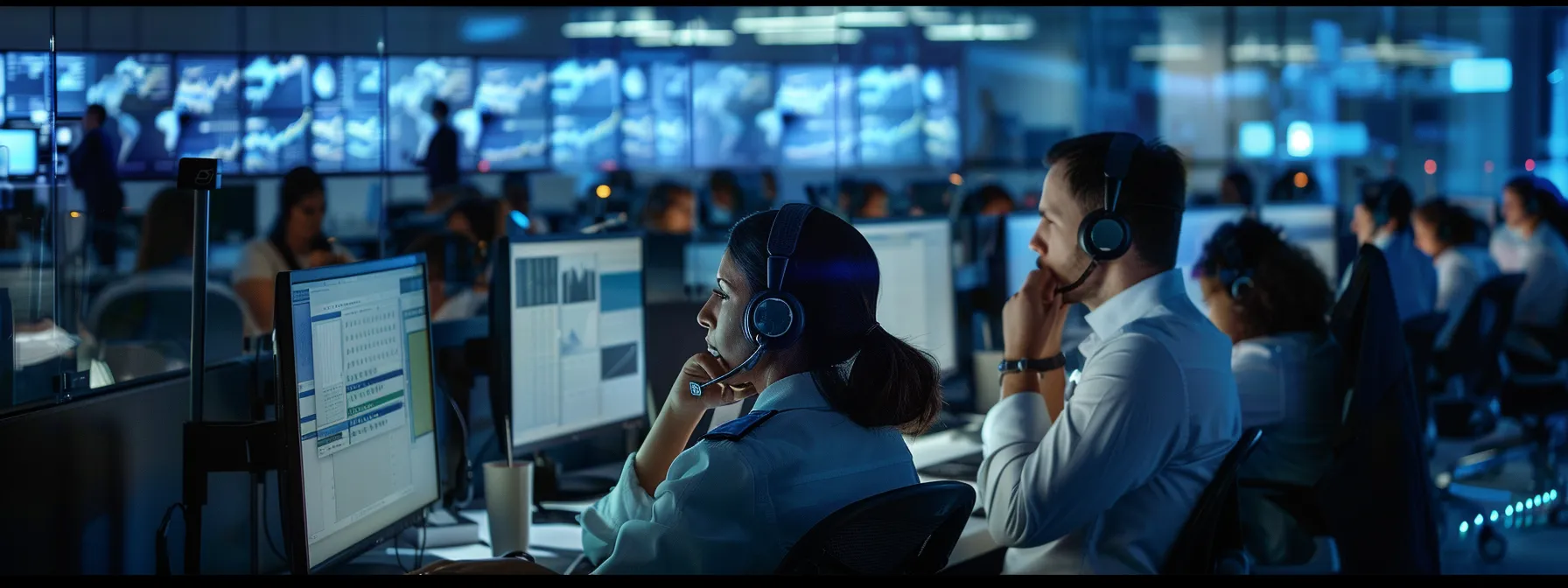 a busy call center with professional agents making successful cold calls, surrounded by charts showing increased lead generation and cost-effective solutions.