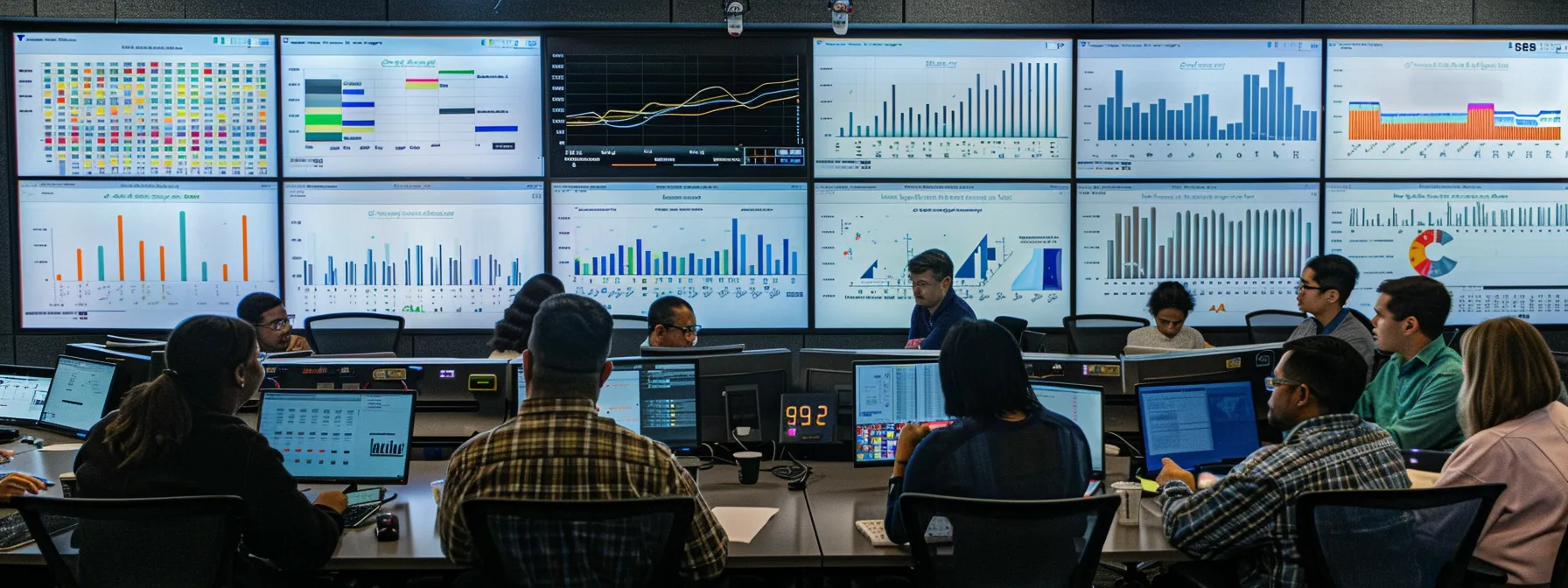 a diverse team gathered around a conference table, analyzing data on large screens and discussing strategies, with charts and graphs showing contact center performance in the background.