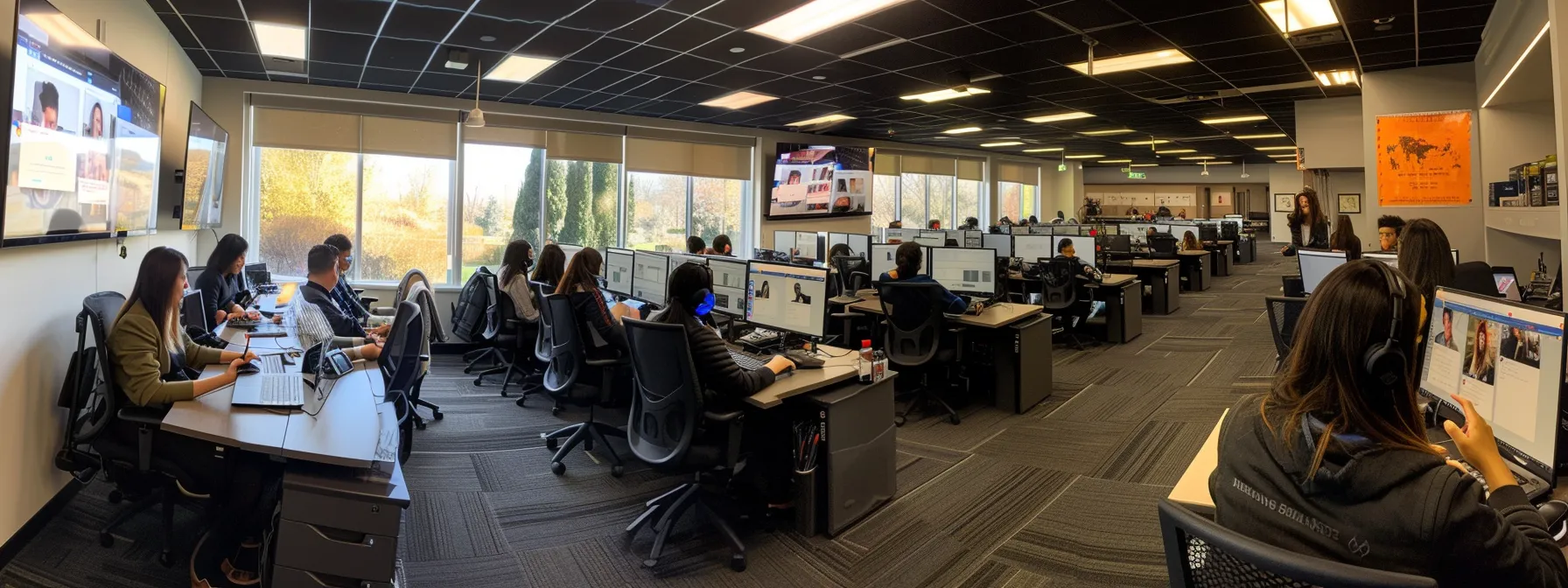 a diverse team of call center agents engaged in continuous training to optimize customer engagement through outsourcing.