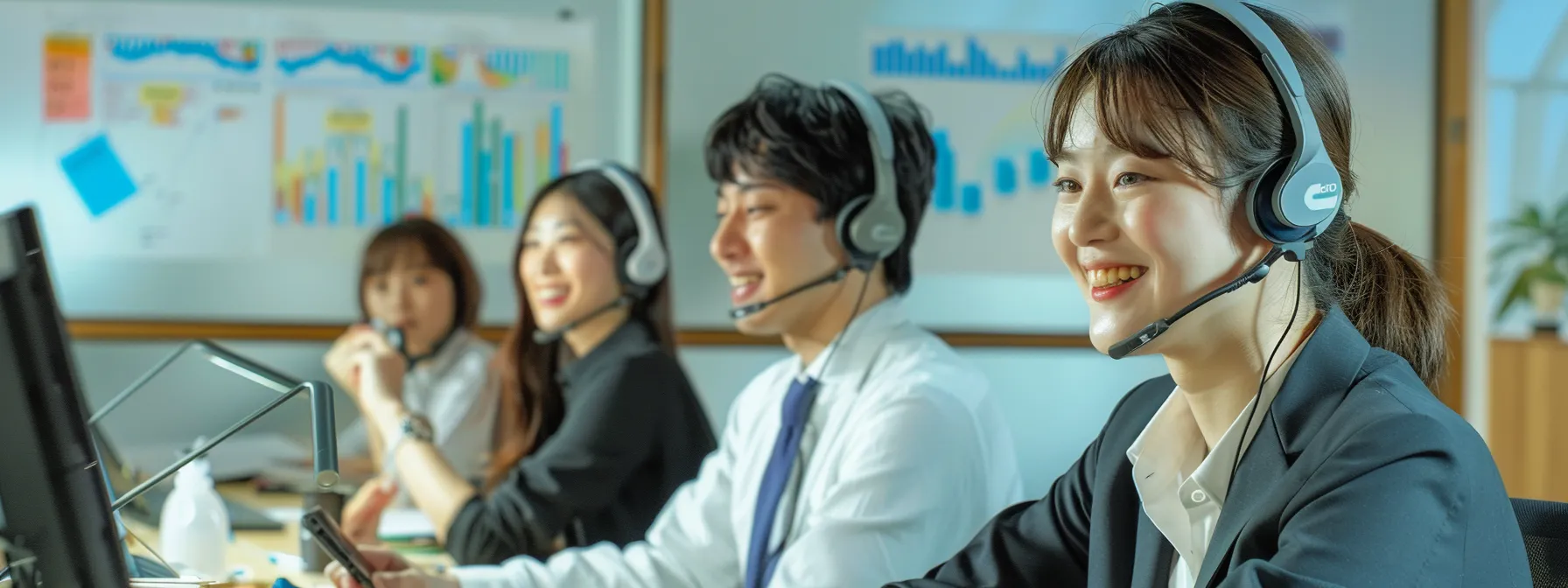 a professional team in a modern office setting, making enthusiastic cold calls to potential clients, surrounded by charts and graphs showing growth.