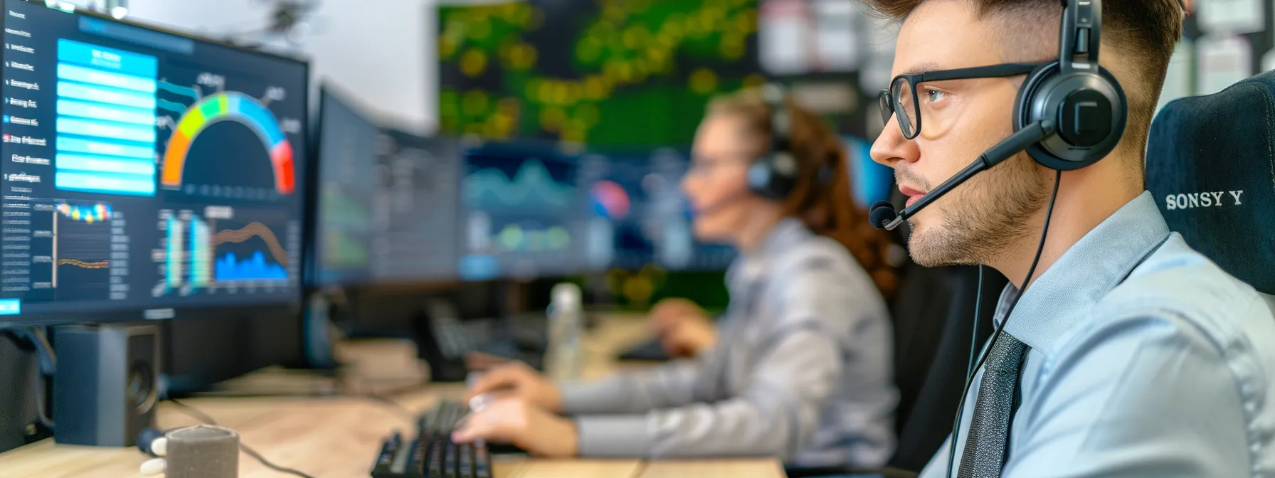 a team of call center agents engaged in a training session, surrounded by charts and graphs showing performance metrics, emphasizing continuous improvement and scalability in outsourcing services.