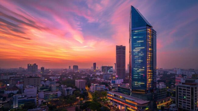 a futuristic skyline of india's bustling tech industry, illuminated by vibrant neon lights, showcases sleek office buildings and innovative technology, symbolizing the dynamic evolution of bpo services.