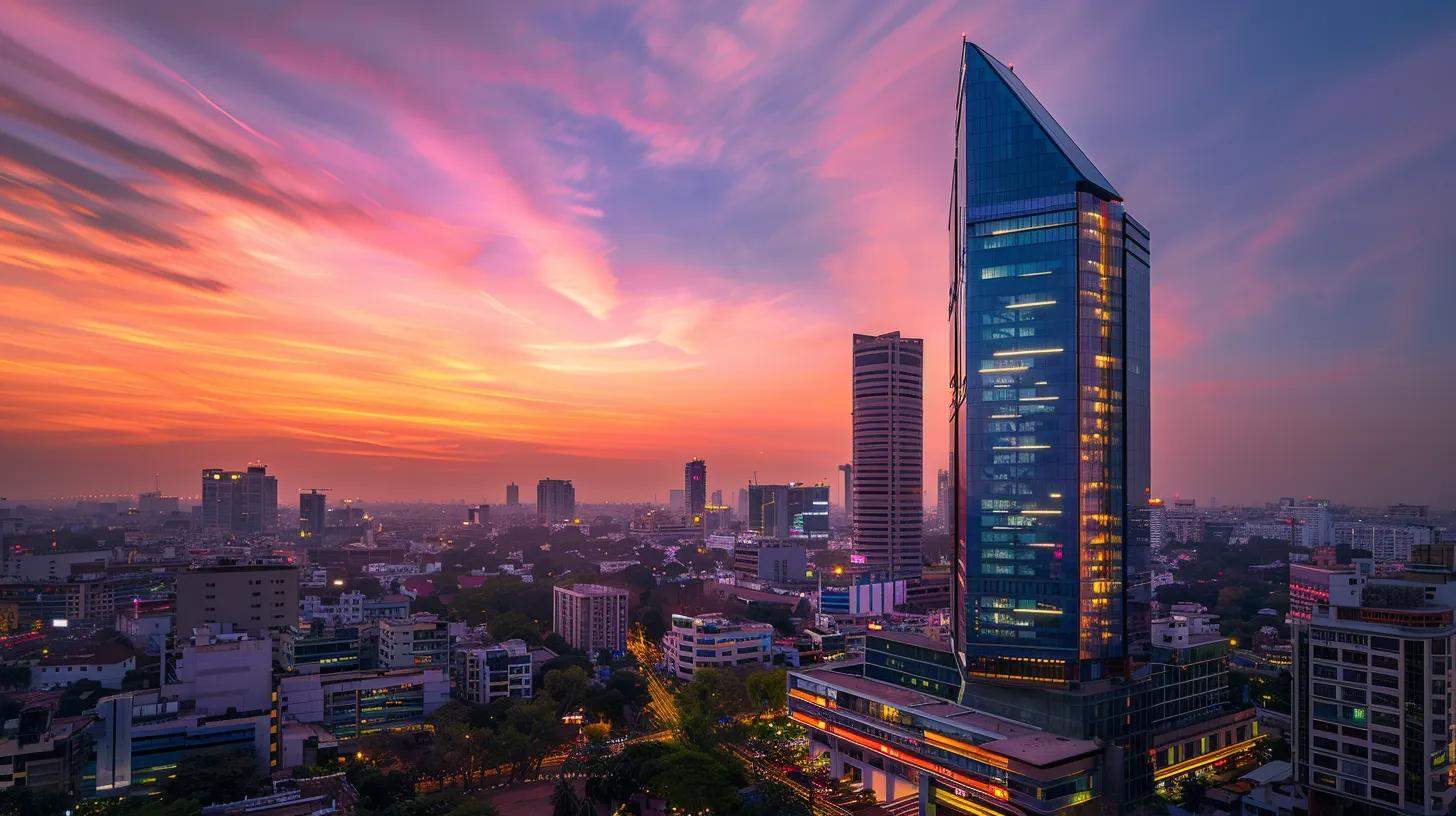 a futuristic skyline of india's bustling tech industry, illuminated by vibrant neon lights, showcases sleek office buildings and innovative technology, symbolizing the dynamic evolution of bpo services.