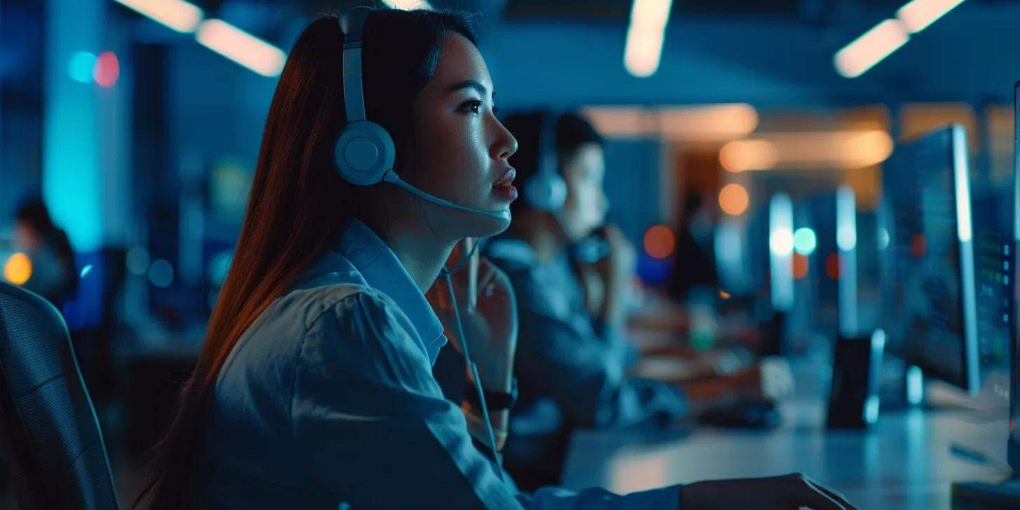 a vibrant, bustling call center filled with focused employees wearing headsets, engaged in dynamic conversations under soft overhead lighting that enhances the atmosphere of collaboration and productivity.