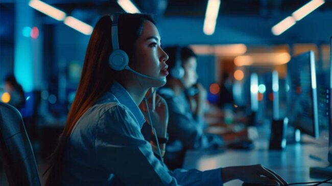 a vibrant, bustling call center filled with focused employees wearing headsets, engaged in dynamic conversations under soft overhead lighting that enhances the atmosphere of collaboration and productivity.