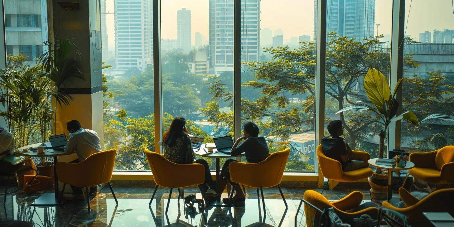 a vibrant office space in india bustling with diverse professionals engaged in lively discussions, illuminated by natural light streaming through large windows, symbolizing the dynamic future of bpo in a rapidly evolving technological landscape.