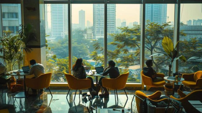 a vibrant office space in india bustling with diverse professionals engaged in lively discussions, illuminated by natural light streaming through large windows, symbolizing the dynamic future of bpo in a rapidly evolving technological landscape.