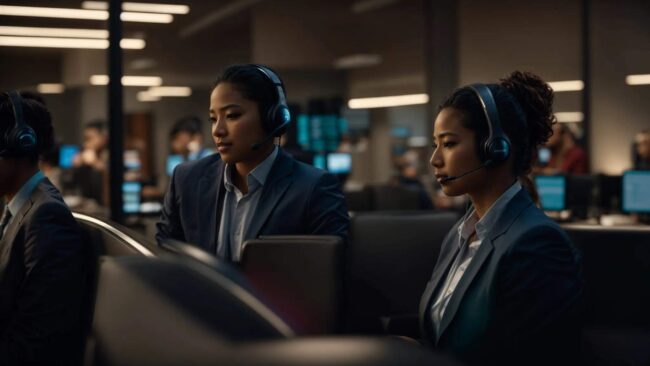 a dynamic and engaging call center environment, showcasing diverse agents in vibrant headsets, attentively interacting with customers, bathed in warm, inviting lighting that emphasizes effective communication and support.