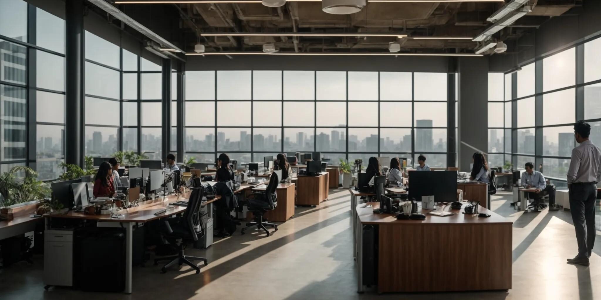 a panoramic view of a modern office space bustling with diverse professionals collaborating, illuminated by bright natural light streaming through large windows, symbolizing innovation and productivity in india's outsourcing industry.