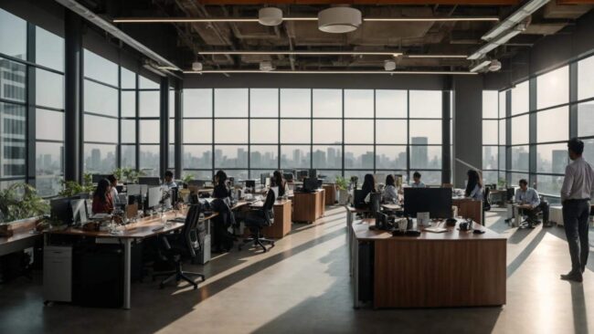 a panoramic view of a modern office space bustling with diverse professionals collaborating, illuminated by bright natural light streaming through large windows, symbolizing innovation and productivity in india's outsourcing industry.