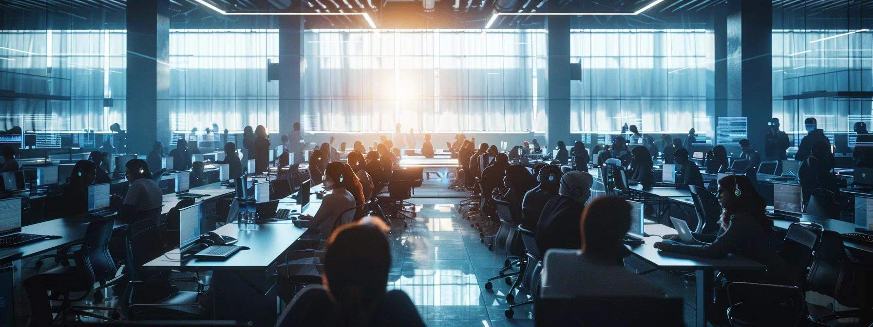 a bustling call center filled with agents engaged in dynamic conversations, illuminated by bright, focused lighting that emphasizes sophisticated ai technology influencing their efficient interactions and data-driven decision-making.