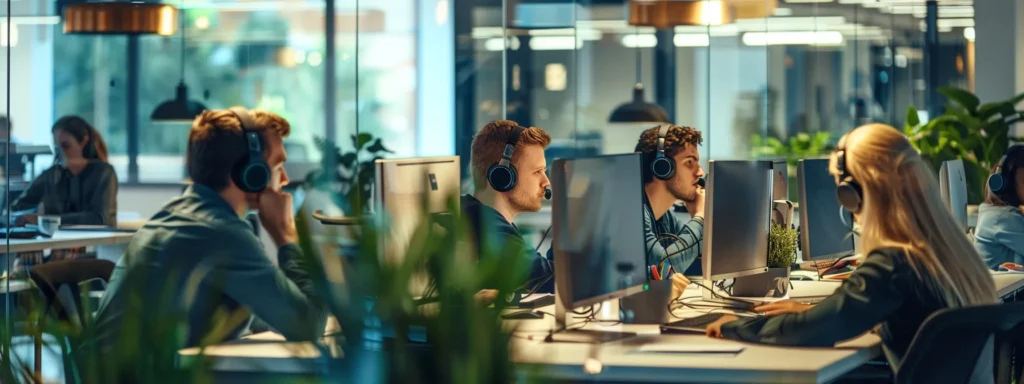a bustling office environment filled with passionate professionals engaging with clients through headsets, highlighted by vibrant colors and dynamic lighting that emphasizes productivity and communication.