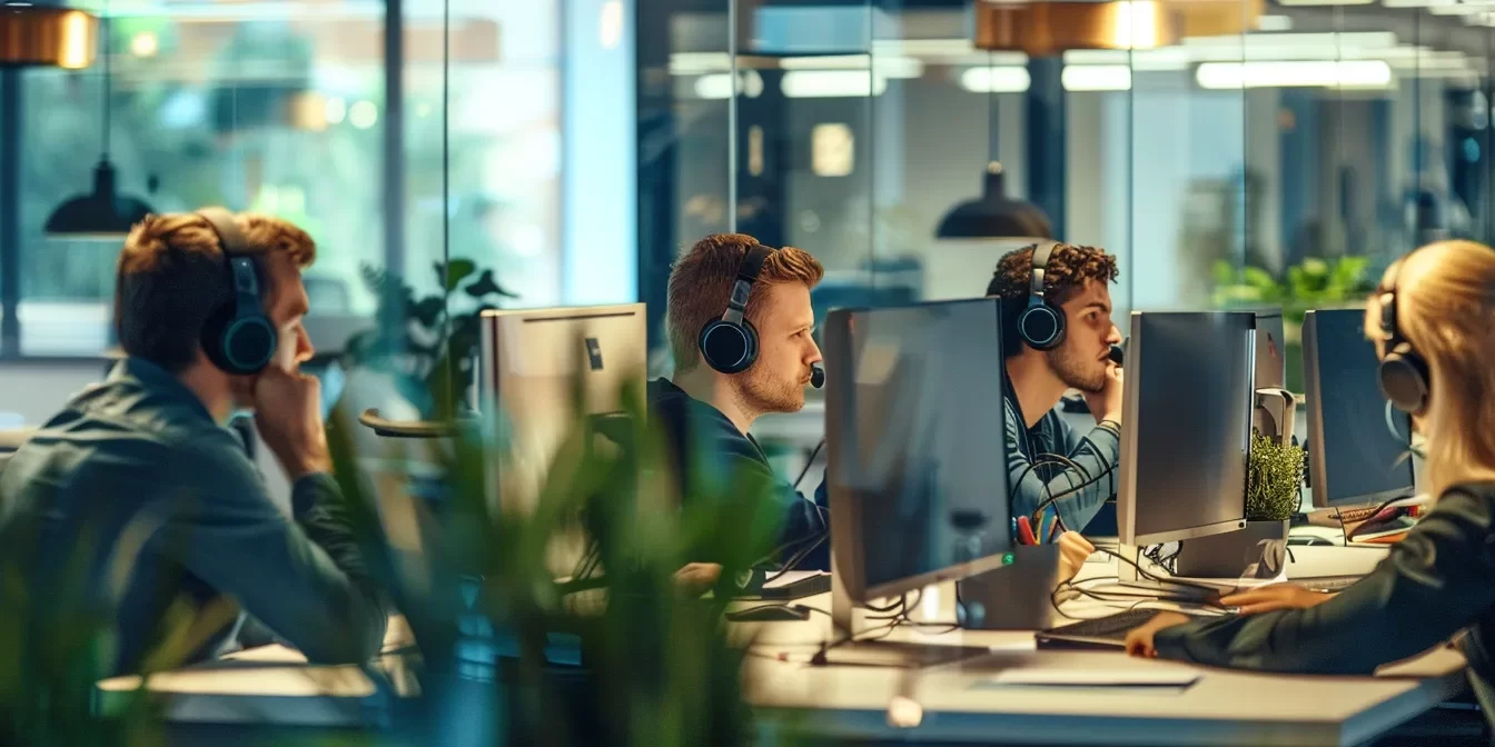 a bustling office environment filled with passionate professionals engaging with clients through headsets, highlighted by vibrant colors and dynamic lighting that emphasizes productivity and communication.