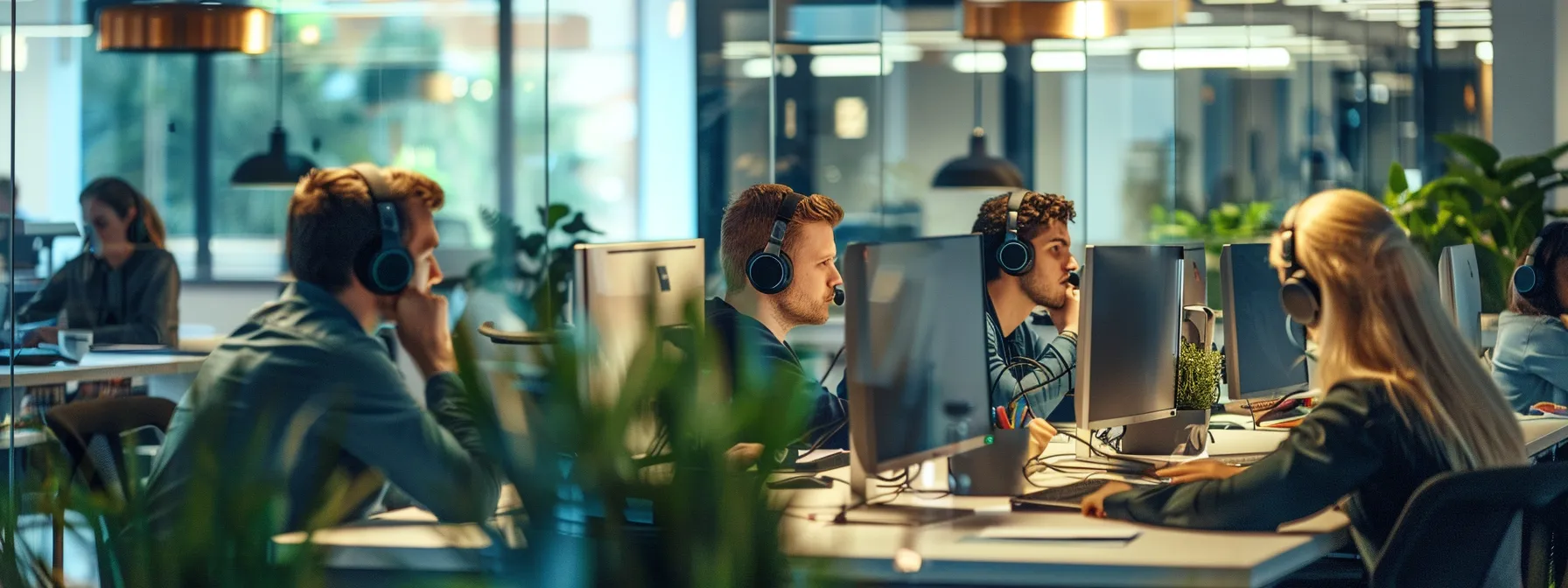a bustling office environment filled with passionate professionals engaging with clients through headsets, highlighted by vibrant colors and dynamic lighting that emphasizes productivity and communication.