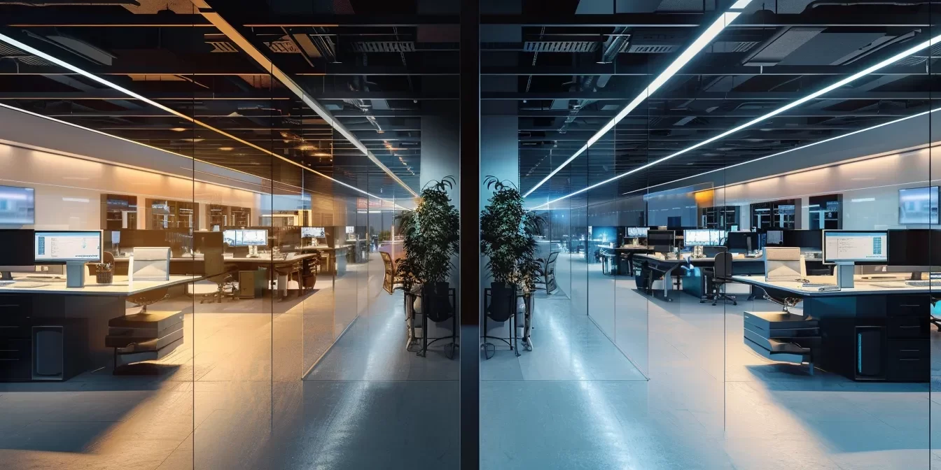 a dramatic split-scene showcasing a sleek, modern in-house call center bustling with efficiency on one side, contrasting sharply with a cluttered, chaotic outsourcing setup on the other, both illuminated by dynamic, contrasting lighting to highlight the theme of productivity versus disarray.