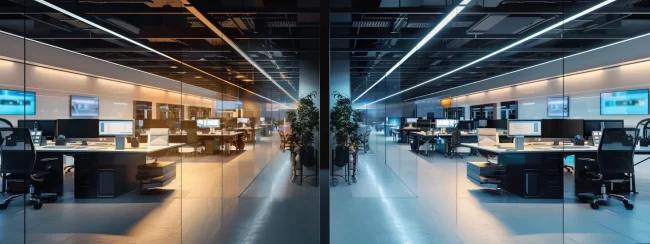 a dramatic split-scene showcasing a sleek, modern in-house call center bustling with efficiency on one side, contrasting sharply with a cluttered, chaotic outsourcing setup on the other, both illuminated by dynamic, contrasting lighting to highlight the theme of productivity versus disarray.