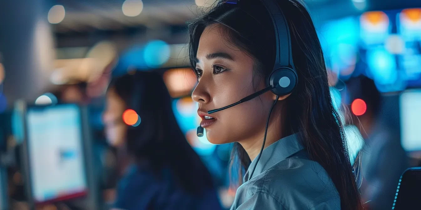 a dynamic and bustling call center filled with diverse professionals engaged in focused conversations, surrounded by modern technology and vibrant lighting.
