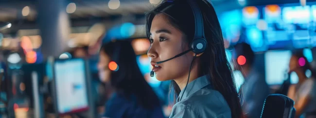 a dynamic and bustling call center filled with diverse professionals engaged in focused conversations, surrounded by modern technology and vibrant lighting.