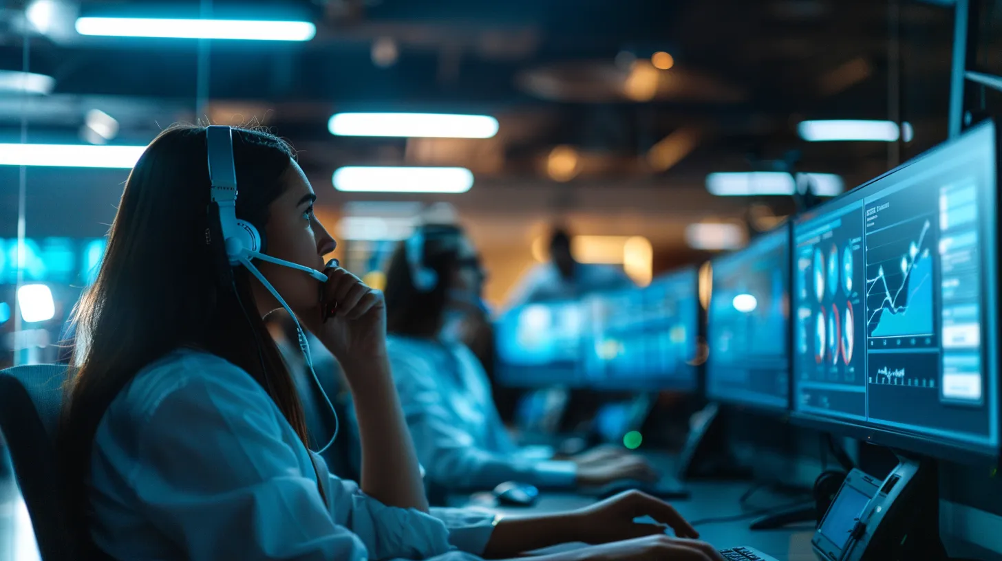 a dynamic call center environment filled with focused agents efficiently handling customer inquiries, illuminated by bright overhead lighting that highlights screens displaying vibrant metrics and statistics.