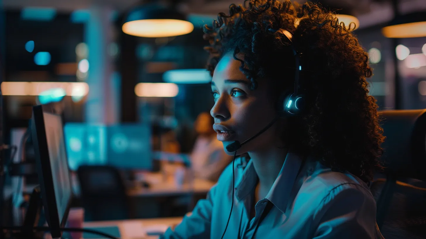 a dynamic call center environment with engaged agents at their stations, illuminated by soft overhead lighting, showcasing real-time analytics dashboards prominently displaying customer satisfaction metrics and performance improvements.