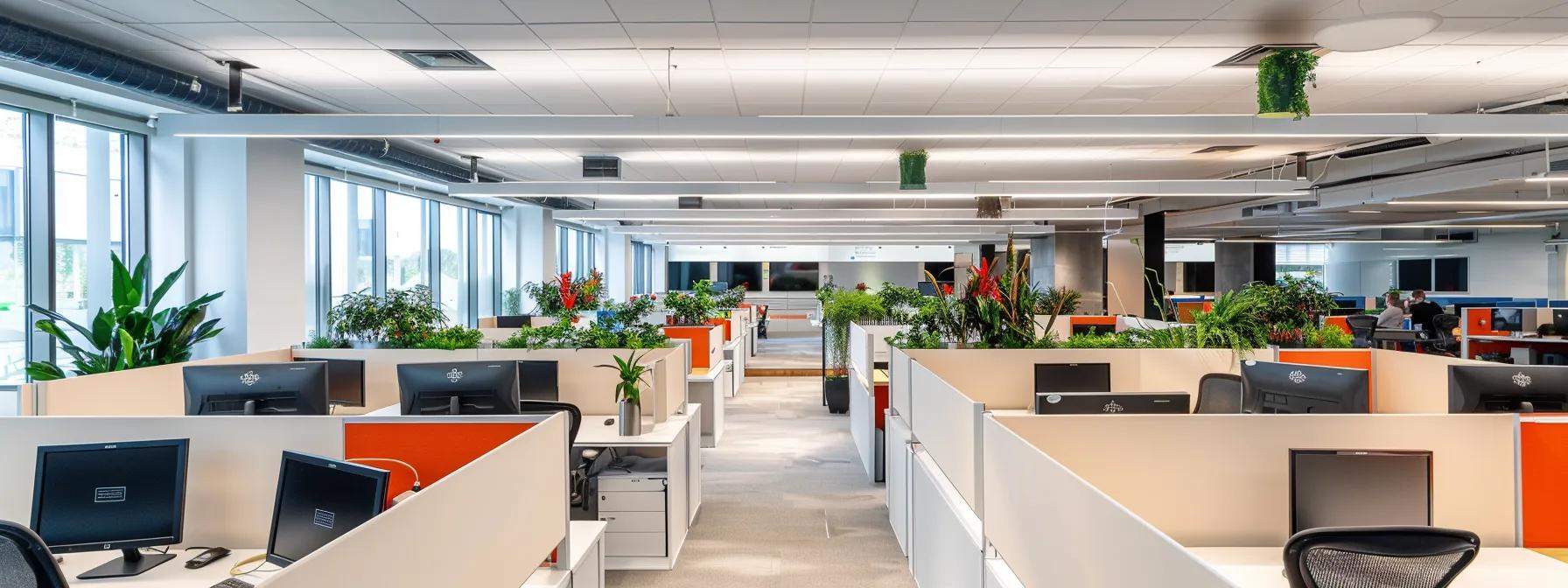 a dynamic office environment showcases advanced call center technology, featuring sleek cloud solutions, vibrant screens displaying data analytics, and a visually engaging representation of omnichannel communication flowing seamlessly among diverse customer interactions, illuminated by bright, modern lighting.