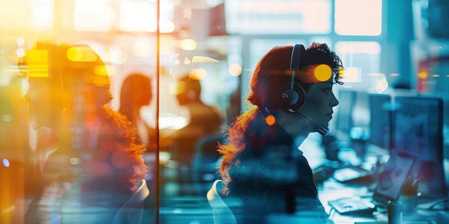 a dynamic split-screen image contrasting a vibrant, bustling in-house call center filled with engaged employees and a sleek, modern outsourcing facility showcasing diverse professionals collaborating efficiently, all under bright, focused lighting.