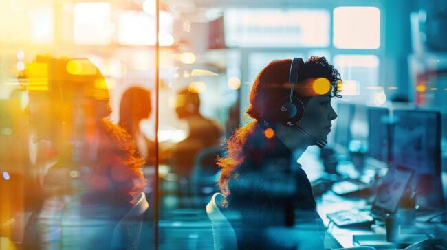 a dynamic split-screen image contrasting a vibrant, bustling in-house call center filled with engaged employees and a sleek, modern outsourcing facility showcasing diverse professionals collaborating efficiently, all under bright, focused lighting.