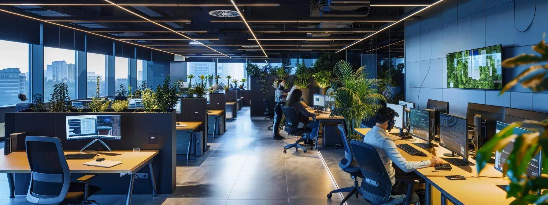 a futuristic call center bustling with advanced technology and diverse workers, showcasing innovative workspaces illuminated by soft, eco-friendly lighting, symbolizing the evolution of customer service in a sustainable world.