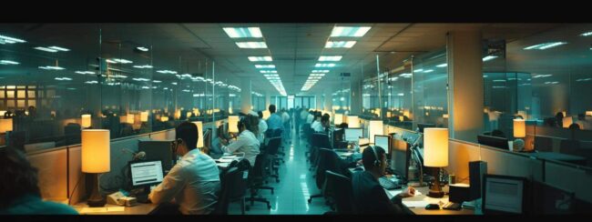 a modern, bustling call center filled with focused professionals engaged in conversations, illuminated by bright, overhead lighting that enhances the vibrant yet professional atmosphere.