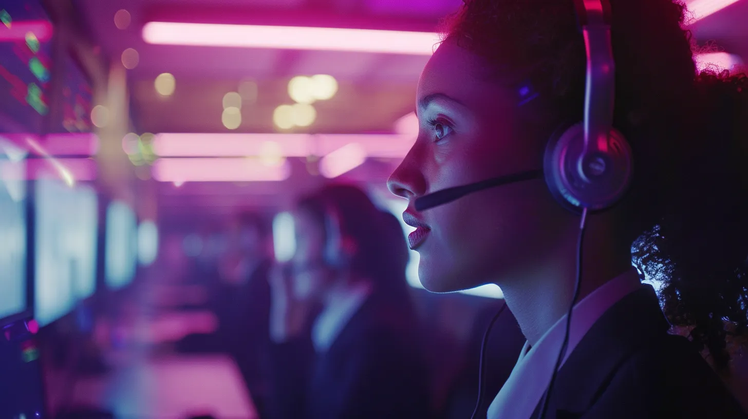 a sleek, modern call center environment with focused agents wearing headsets, surrounded by digital dashboards displaying vibrant metrics on customer satisfaction and service quality, illuminated by soft ambient lighting to emphasize a dynamic work atmosphere.