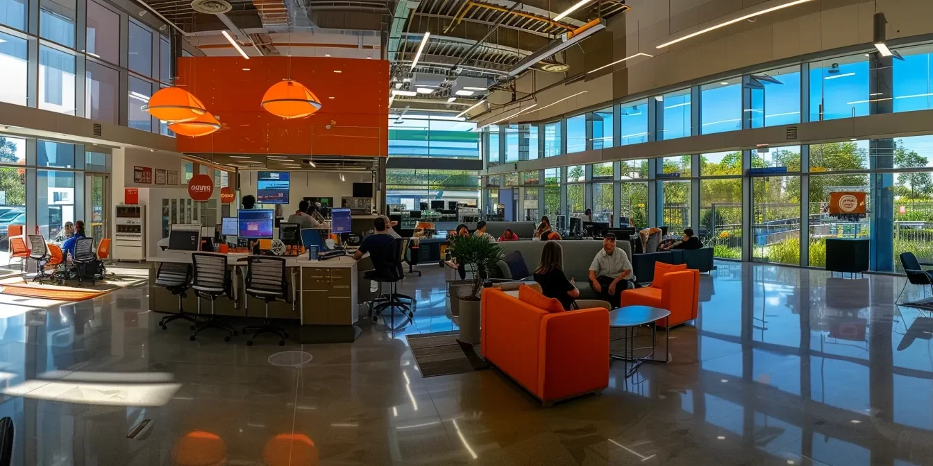a vibrant and dynamic office environment showcases a dedicated ecommerce customer service team at dazonn assist, engaged in collaborative problem-solving under bright, natural light filtering through large windows.