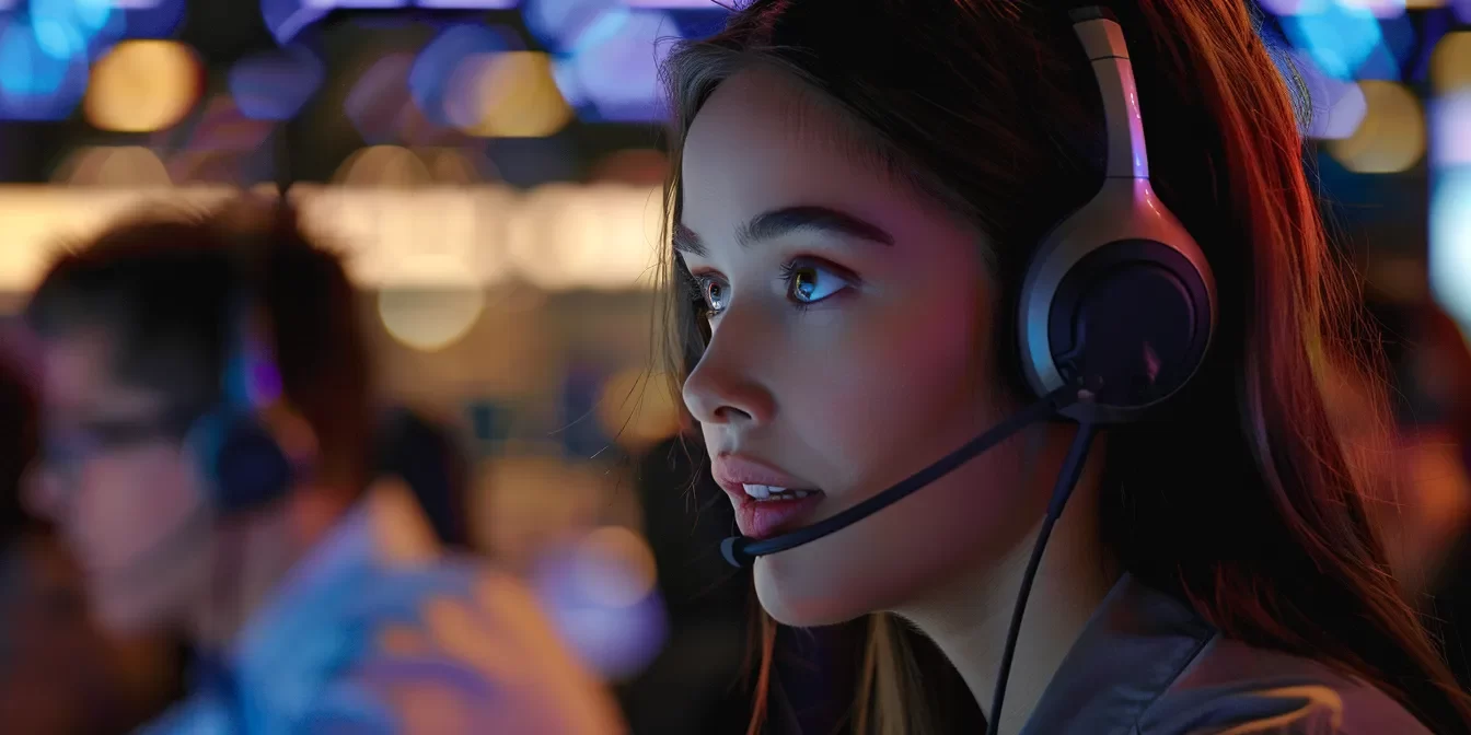 a vibrant call center environment filled with focused representatives engaging with customers through headsets, illuminated by warm, ambient lighting that highlights their attentive expressions and the dynamic atmosphere of connection and communication.