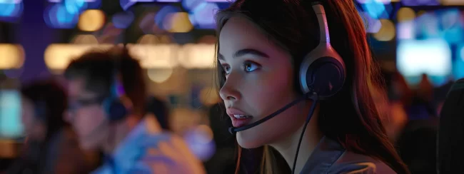 a vibrant call center environment filled with focused representatives engaging with customers through headsets, illuminated by warm, ambient lighting that highlights their attentive expressions and the dynamic atmosphere of connection and communication.