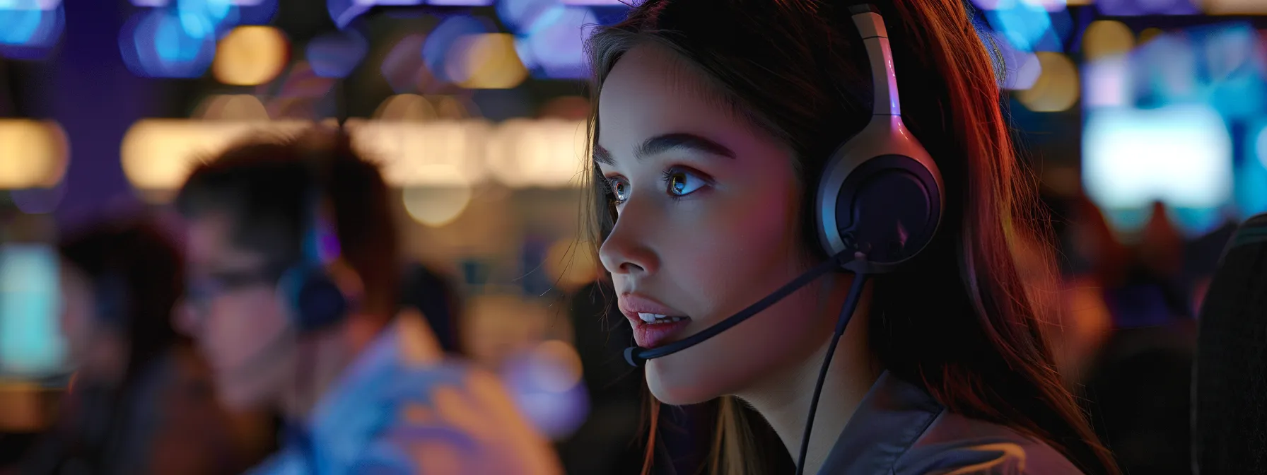 a vibrant call center environment filled with focused representatives engaging with customers through headsets, illuminated by warm, ambient lighting that highlights their attentive expressions and the dynamic atmosphere of connection and communication.