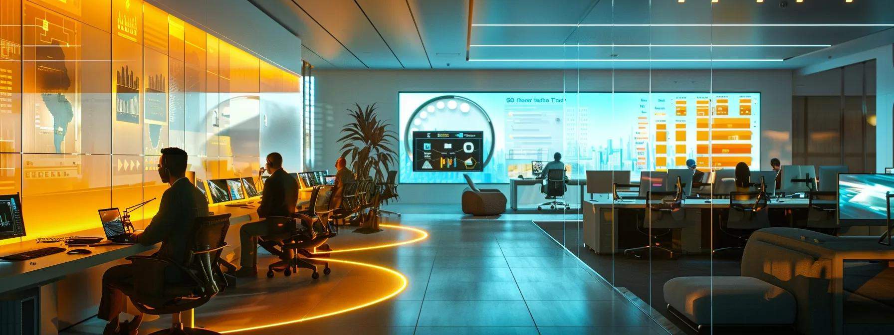 a vibrant call center environment showcases engaged agents participating in immersive virtual training sessions, illuminated by dynamic lighting to highlight the innovation and motivation of their performance enhancement journey.