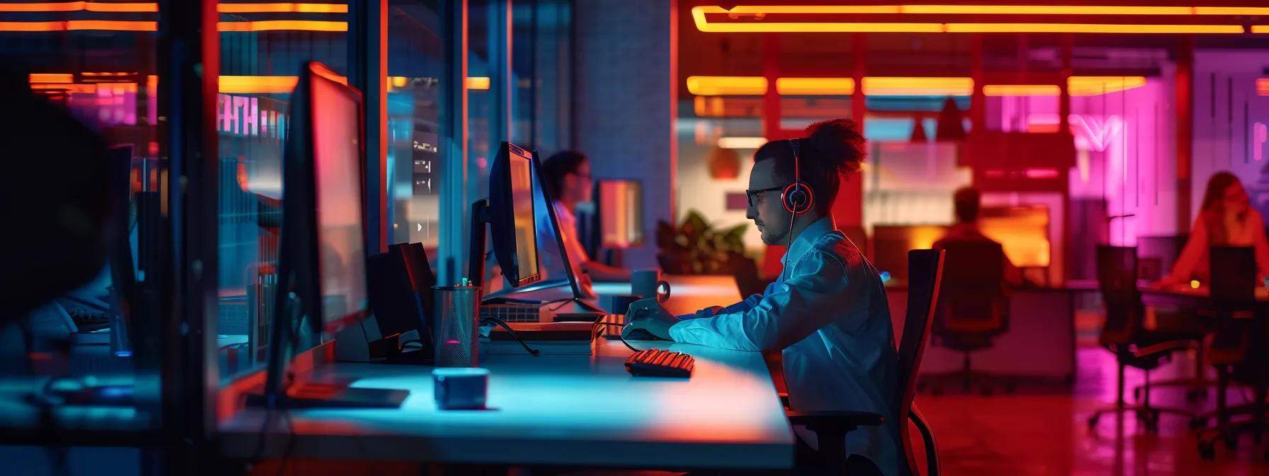 a vibrant call center environment featuring engaged agents using advanced technology to provide personalized customer service, illuminated by warm, inviting lighting that enhances the atmosphere of satisfaction and connection.