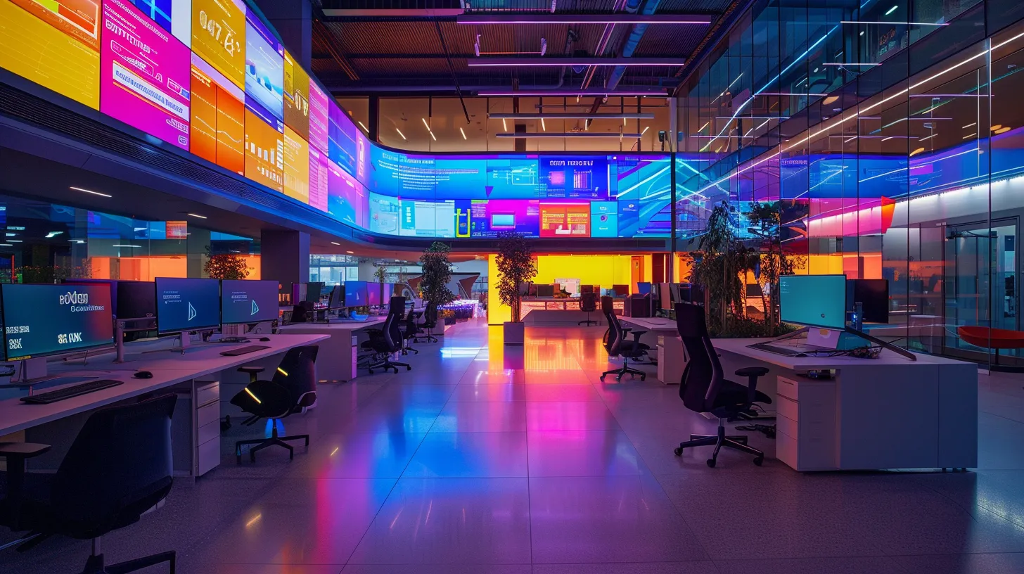 a vibrant, high-tech call center environment filled with engaged agents, luminous screens displaying performance metrics, and a dynamic atmosphere that conveys efficiency and customer focus.