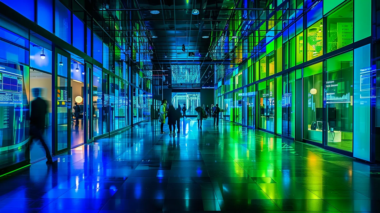 a vibrant, high-tech control center brimming with digital dashboards displaying real-time analytics on service level agreements and call volume trends, illuminated by dynamic blue and green lighting.