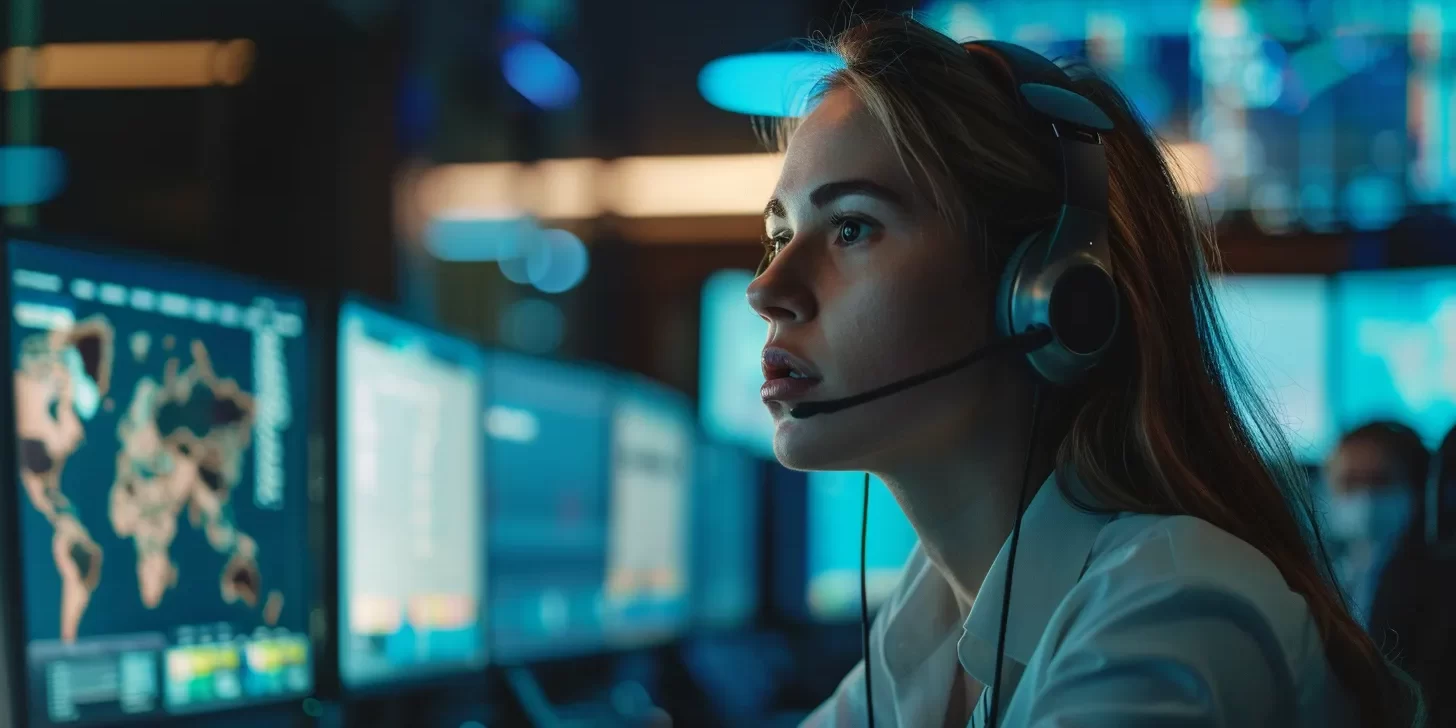 a visually striking call center environment captures focused agents engaging with their headsets, surrounded by an array of dynamic performance metrics displayed on large screens, illuminated by soft blue and green lighting for a modern, tech-driven atmosphere.