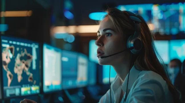 a visually striking call center environment captures focused agents engaging with their headsets, surrounded by an array of dynamic performance metrics displayed on large screens, illuminated by soft blue and green lighting for a modern, tech-driven atmosphere.